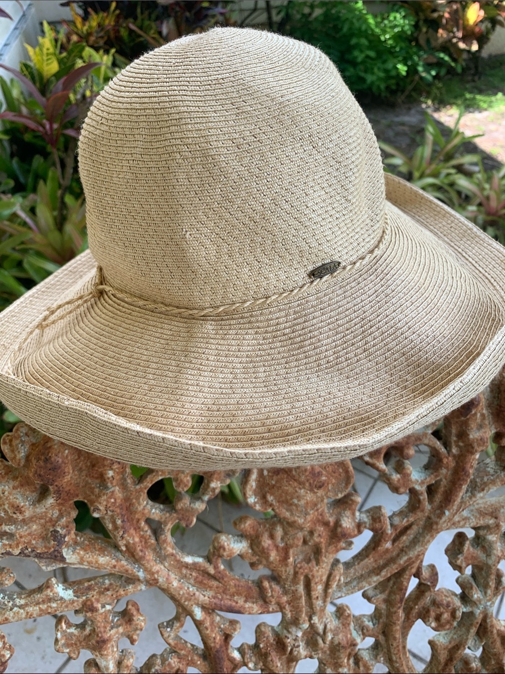 Scala Cream Braided-Trim Wide Brim Sun Hat